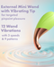 Promotional image of a green and gold external mini wand with a vibrating tip, designed for targeted pleasure. Text on the image highlights features: "12 wand vibrations," with "3 speeds & 9 patterns." The Blooming Bliss First Time Bullet & Egg Vibrators with Charging Case & Remote by Blush, complemented by a wireless remote control, is depicted above a rippling water surface.