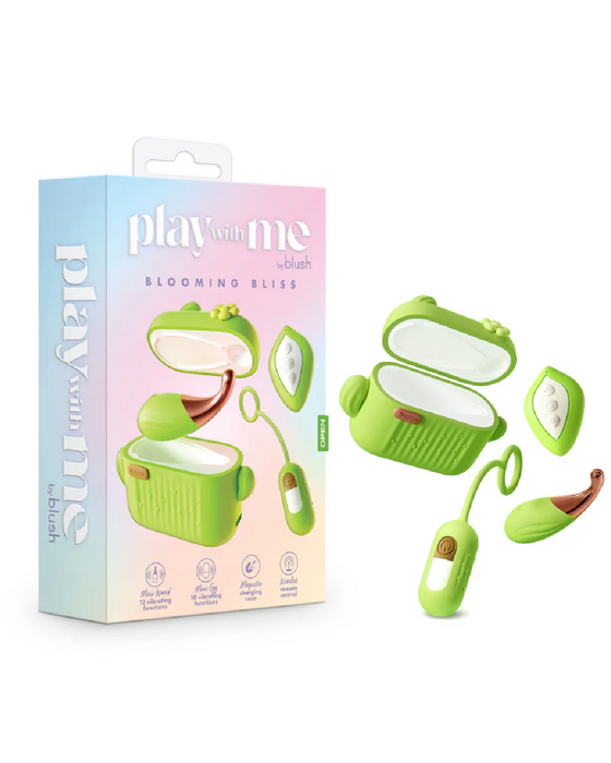 A green and white personal care device with rose gold accents, detachable parts, and a wireless remote control. The image also includes the product box which reads "Blooming Bliss First Time Bullet & Egg Vibrators with Charging Case & Remote by Blush" and has pastel colors.