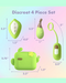 An image shows a discreet 4-piece set of green, palm-sized wellness devices from Blush. Each piece is displayed with its dimensions: a wireless remote control (2.5" x 1.6"), a handheld massager (5" x 1"), a Blooming Bliss First Time Bullet & Egg Vibrators with Charging Case & Remote (5" x 0.9"), and a cactus-shaped travel-friendly case (3.5" x 2").