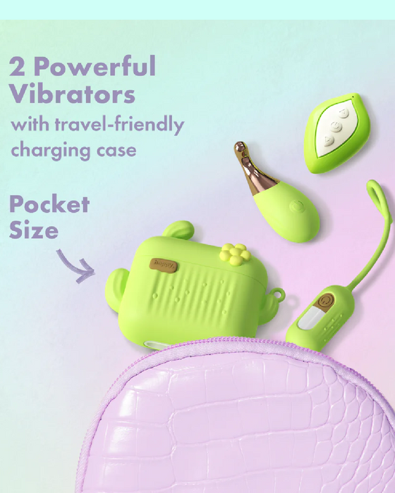 The image shows two small, green Blooming Bliss First Time Bullet & Egg Vibrators with a travel-friendly charging case, all designed to fit in a pocket. One is a vibrating bullet with a gold accent from Blush, and the other has a wireless remote control. They are displayed next to a purple, textured zippered pouch.