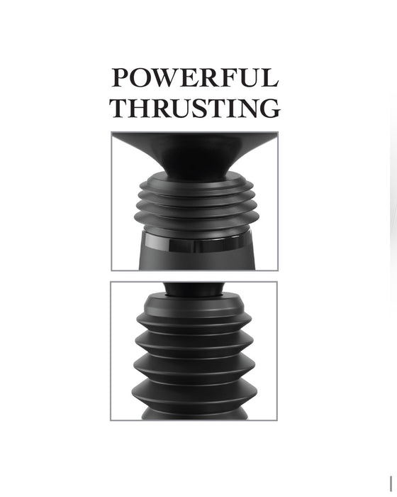 A black device with a conical top and a ribbed body is shown in two close-up images stacked vertically. The top image highlights the conical part, and the bottom image emphasizes the ribbed design. The text above reads "POWERFUL THRUSTING," reminiscent of a thrusting sex machine for intense pleasure. This is the Body Dock Thruster Powerful Thrusting Suction Cup Sex Toy Mount by Pipedream Products.