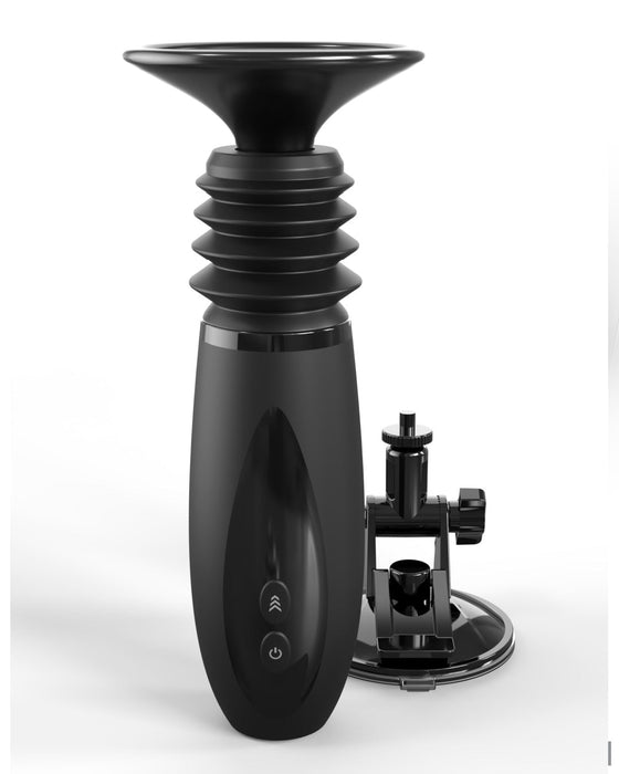 A sleek, black coffee grinder with a cylindrical body and an accordion-style middle section. It features two buttons on its front and comes with a detachable Body Dock Thruster Powerful Thrusting Suction Cup Sex Toy Mount by Pipedream Products, also black, positioned to the right of the grinder. The background is white.