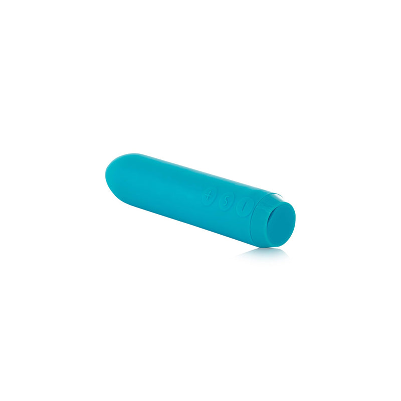 The Je Joue Powerful Classic Bullet with Finger Sleeve in teal is a compact, cylindrical vibrator with rounded edges and three raised buttons (+, –, O). USB rechargeable, it’s shown on a white background.