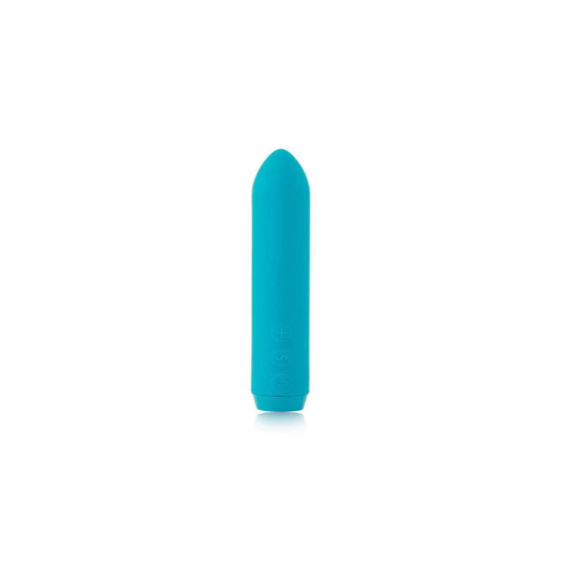 The Je Joue Powerful Classic Bullet with Finger Sleeve in teal, a compact USB rechargeable vibrator with a rounded tip, stands upright on a white background, ready to deliver intense rumbly vibrations for relaxation.