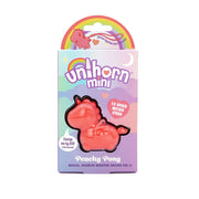 The Unihorn Mini - Peachy Pony Discreet Vibrator comes in pastel packaging with hearts and a rainbow, featuring a small peach-colored unicorn design, 10-speed clitoral stimulation, USB charging, and body-safe silicone.