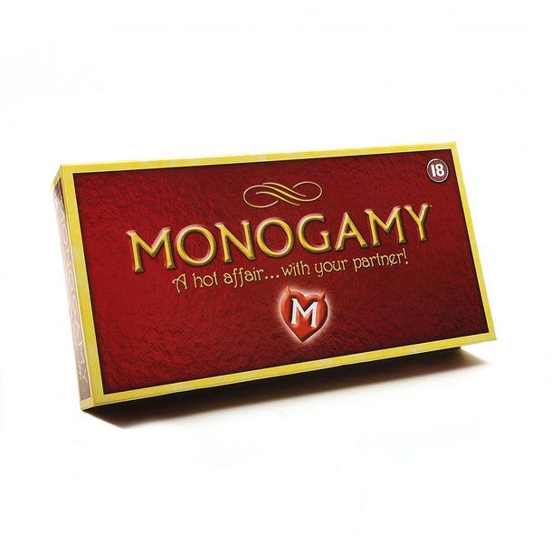 The red box for "Monogamy: A Hot Affair With Your Partner: Couples Game" features gold lettering, a heart symbol, and the tagline "A hot affair... with your partner!"—a perfect 18+ intimacy game for couples.