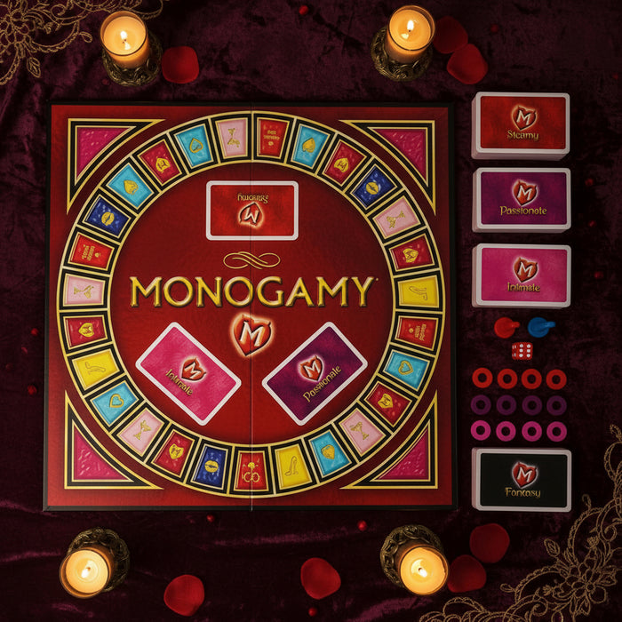 Monogamy A Hot Affair With Your Partner: Couples Game features a red board, color-coded Fantasy, Monogamy, Passionate, and Intimate cards, playing pieces, dice, and tokens—ideal as a couples or intimacy game.