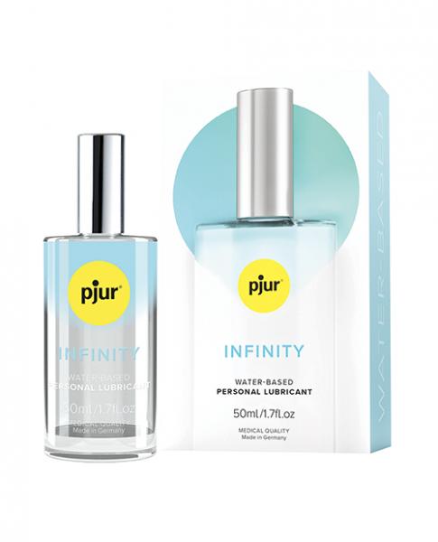 A 1.7 oz glass bottle of Pjur Infinity Water Based Lubricant sits beside its sleek box, both with a yellow circle logo, silver cap, and light blue accents—ideal for skin hydration and safe to use with condoms.