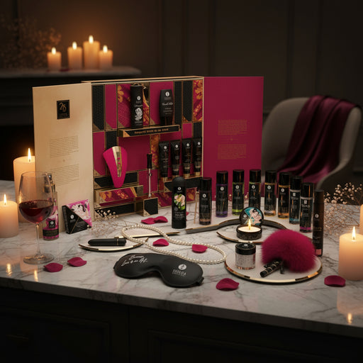 The Shunga Advent Calendar of Desires – 25 Days of Luxury, Pleasure & Passion is displayed on a marble table with candles, rose petals, wine, an eye mask, and a feather tickler for a sensual gift set experience.