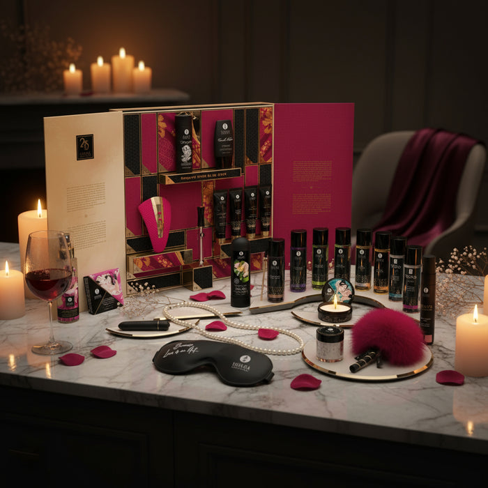 The Shunga Advent Calendar of Desires – 25 Days of Luxury, Pleasure & Passion is displayed on a marble table with candles, rose petals, wine, an eye mask, and a feather tickler for a sensual gift set experience.