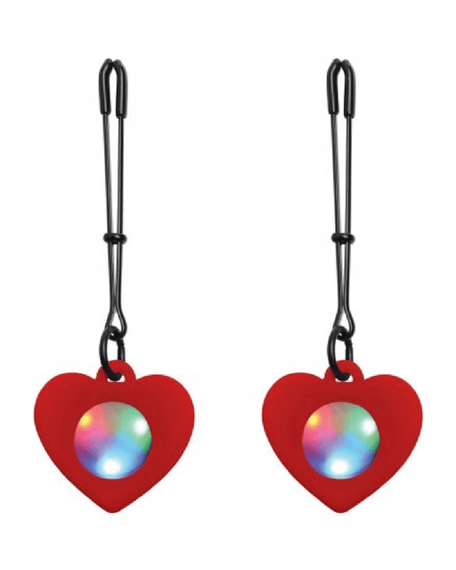 XR Brands Nipple Play Charmed Silicone Light Up Heart Tweezer Nipple Clamps