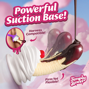 The Chocolate Dipped Banana Split Silicone Dildo features a realistic banana shape, body-safe silicone, chocolate drizzle, whipped cream, and a cherry. Logo: Simply Sweet. Text: “Powerful Suction Base!”, “Harness Compatible!”, “Firm Yet Flexible!”.