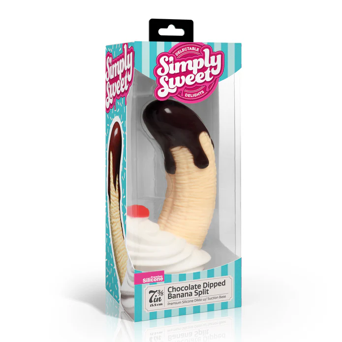 The "Chocolate Dipped Banana Split Silicone Dildo with Suction Cup" is a body-safe novelty toy shaped like a banana split, featuring a whipped cream base and suction cup, all clearly displayed in see-through packaging.