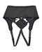 Black Sportsheets corset high-waisted adjustable strap-on harness with isolated on a white background.