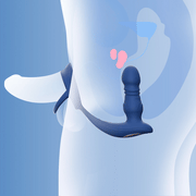 Illustration of the blue Cyrus App-Enabled Thrusting Prostate Vibe + Cock Ring inserted in a translucent human lower torso, clearly showing its anatomical position. The blue background highlights the prostate and bladder.