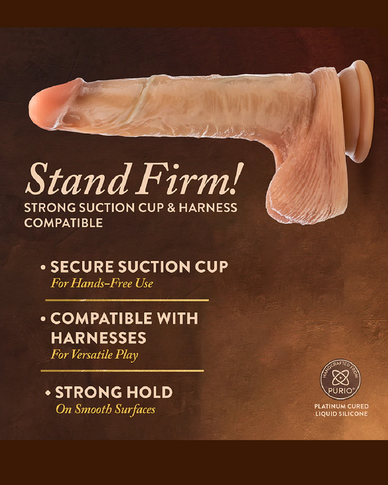 A Blush DaVinci Ultra Realistic 8 Inch Silicone Dildo with Sliding Foreskin - Caramel with a sturdy suction cup base. Text on the image includes: "Stand Firm!", "Strong Suction Cup & Harness Compatible", "Secure Suction Cup for Hands-Free Use," "Compatible with Harnesses for Versatile Play," and "Strong Hold on Smooth Surfaces.