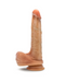 A realistic Blush DaVinci Ultra Realistic 8 Inch Silicone Dildo with Sliding Foreskin - Caramel, shaped like an erect penis with a suction cup base, is displayed against a white background. The toy features intricate details such as the head, veins, and textured skin in a flesh-toned color.