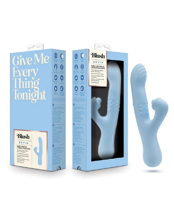 Product packaging displaying a Blush Devin Clit Thumping G-Spot Rabbit with Shaft Rotation vibrator with its features listed on the side, including G-spot sensations and a clitoral massaging ball.