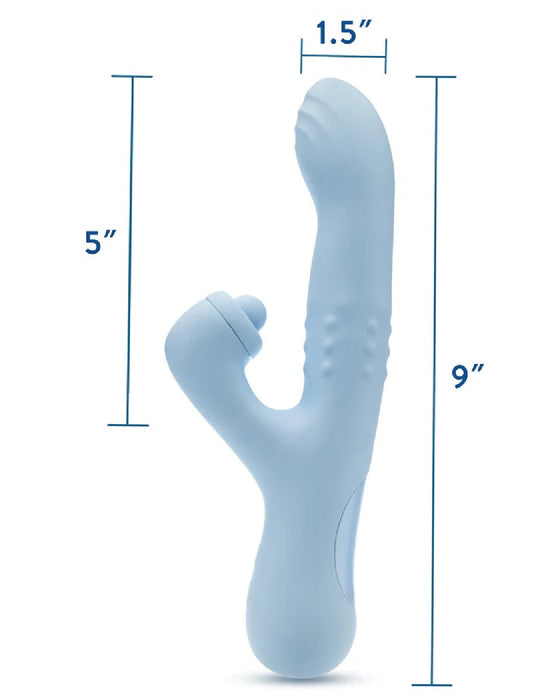 The image shows a light blue silicone Devin Clit Thumping G-Spot Rabbit with Shaft Rotation with a measurement scale indicating its dimensions: the total height is 9 inches; the upper branch, which curves for G-spot sensations, is 5 inches.