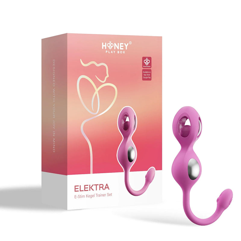 A pink Elektra App-Controlled E-Stim Kegel Training Set for Pelvic Floor with a curved handle is shown beside its box, which features a minimalist line drawing of a woman and the product name.
