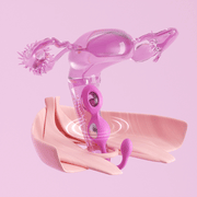 A digital illustration shows the Elektra App-Controlled E-Stim Kegel Training Set for Pelvic Floor inserted in a transparent uterus and fallopian tubes above stylized pelvic muscles, all set against a pink background.