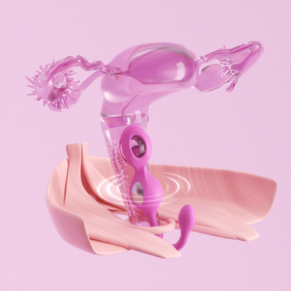 A digital illustration shows the Elektra App-Controlled E-Stim Kegel Training Set for Pelvic Floor inserted in a transparent uterus and fallopian tubes above stylized pelvic muscles, all set against a pink background.