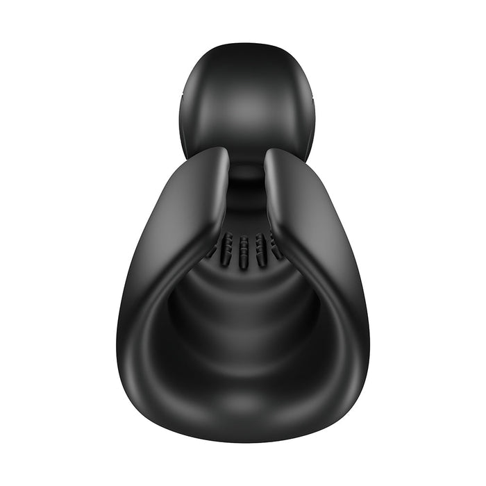 The image showcases the Evo Penis Masturbator with Head & Shaft Vibrations from Snail Vibe, a sleek, black, and modern design viewed from the top-down. With its ergonomic curves and cutouts for comfort and performance, it offers an intense pleasure experience akin to a high-end bicycle saddle designed for rider comfort.