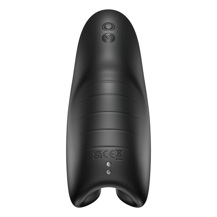 The Evo Penis Masturbator with Head & Shaft Vibrations by Snail Vibe is a black, sleek, and ergonomically designed electronic device featuring two buttons on the top. Its surface boasts curved ridges for an intense pleasure experience, along with some certification symbols near the bottom. The device is clearly intended for handheld use.