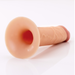 The Fantasy X-Tensions Elite Hollow 7 Inch Silicone Dildo & Strap-On Harness - Vanilla by Pipedream Products, a beige silicone sex toy with a dual-density design and flared base featuring a realistic texture, lies horizontally on a white surface.