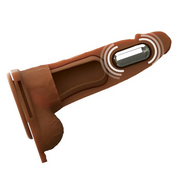 Chocolate 8-inch Elite Silicone hollow dildo with vibrating tip and strap-on harness.