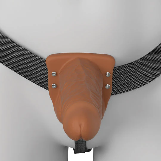 Chocolate 8-inch Elite Silicone hollow dildo with a vibrating tip, attached to a black strap-on harness.