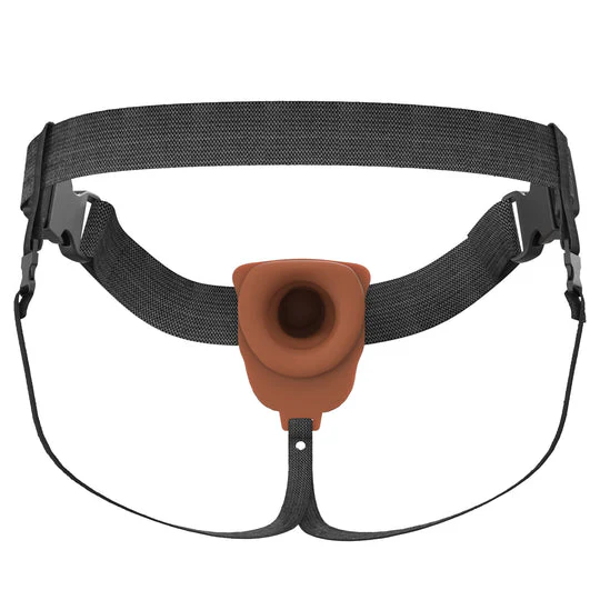 Chocolate Elite Silicone 8-inch vibrating hollow dildo with black strap-on harness.