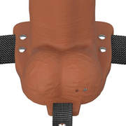 Chocolate 8-inch Elite Silicone hollow dildo with realistic scrotum base and black strap-on harness.