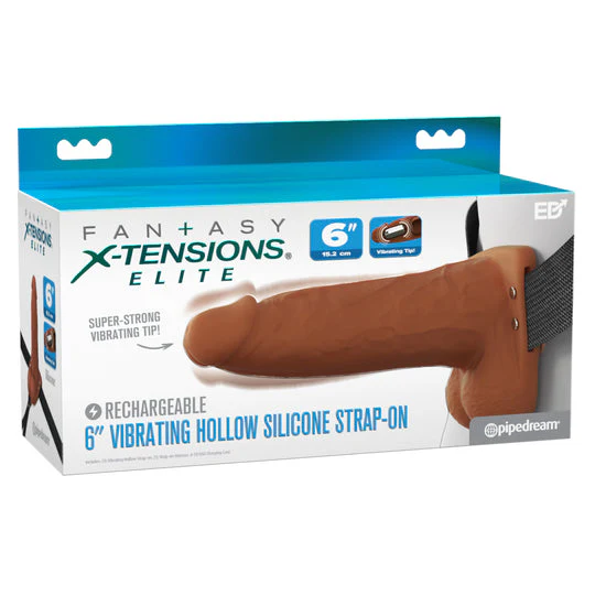 Fantasy X-Tensions Elite Vibrating Hollow 6 Inch Silicone Dildo & Strap-On Harness - Chocolate