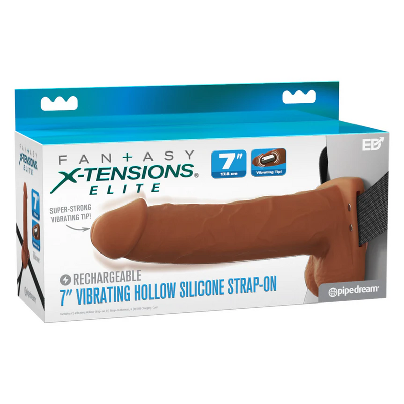 Fantasy X-Tensions Elite Vibrating Hollow 7 Inch Silicone Dildo & Strap-On Harness - Chocolate