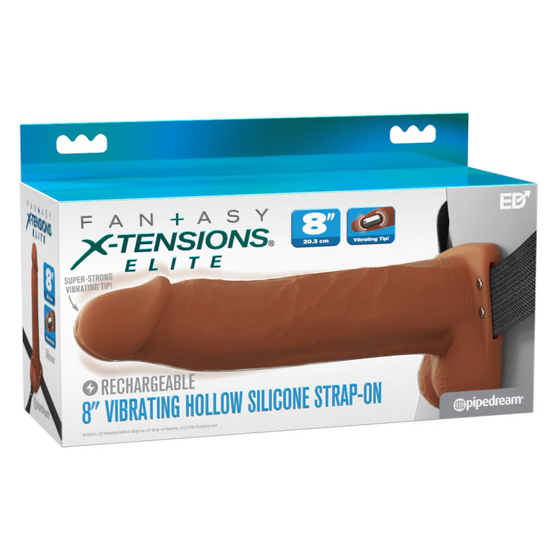 Fantasy X-Tensions Elite Vibrating Hollow 8 Inch Silicone Dildo & Strap-On Harness - Chocolate