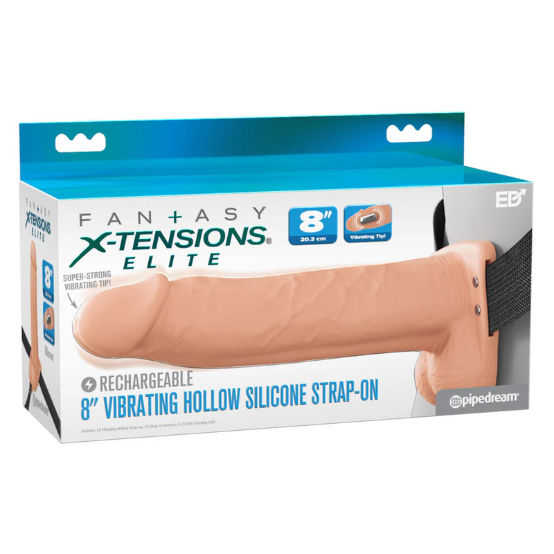 Fantasy X-Tensions Elite Vibrating Hollow 8 Inch Silicone Dildo & Strap-On Harness - Vanilla