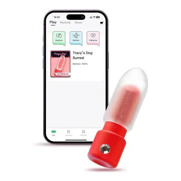 Red lipstick vibrator with clear cap next to a smartphone displaying the Monster Party app.