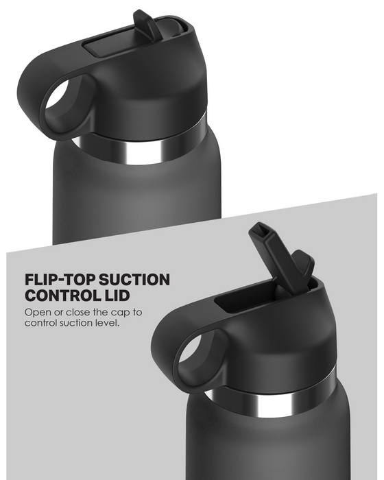 Image showing close-up views of a black water bottle with a flip-top suction control lid. The text reads "FLIP-TOP SUCTION CONTROL LID" and "Open or close the cap to control suction level for your discreet Fuck Flask Pussy Stroker Disguised as a Water Bottle - Vanilla experience.
