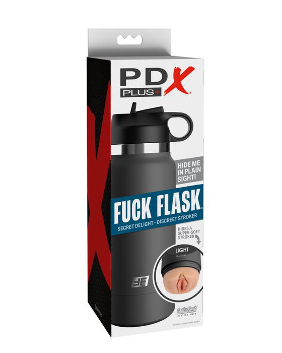 A black, cylindrical flask is packaged in a box labeled "Fuck Flask Pussy Stroker Disguised as a Water Bottle - Vanilla" by Pipedream Products. The box features a cutout image showing a soft interior, hinting at its hidden pussy masturbator feature. Text on the box reads "Hide me in plain sight!" and "Secret Delight - Discreet Stroker.