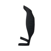 The Rocketeer Vibrating Penis Enhancer Sheath is a black, sculpted, ergonomic silicone cock sheath with a curved body and two open loops, shown on a white background.