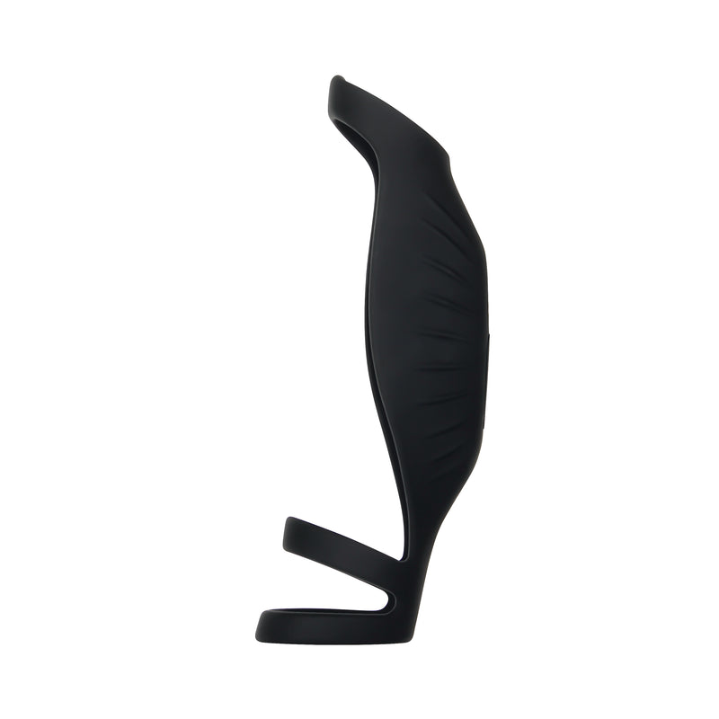 The Rocketeer Vibrating Penis Enhancer Sheath is a black, sculpted, ergonomic silicone cock sheath with a curved body and two open loops, shown on a white background.