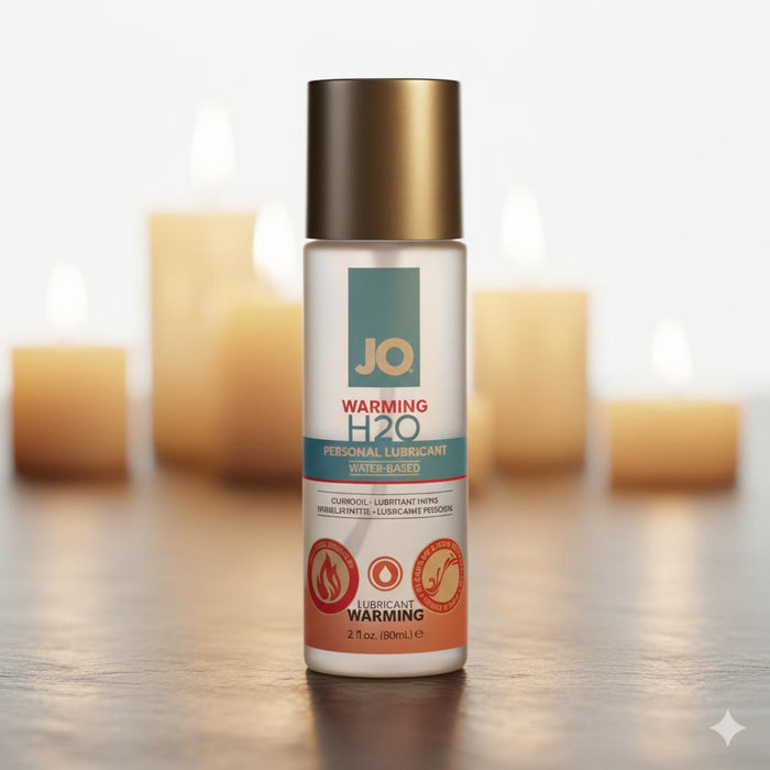A bottle of Jo H2O Warming Water Based Lubricant rests on a surface, while softly glowing candles in the blurred background create a cozy, intimate mood.