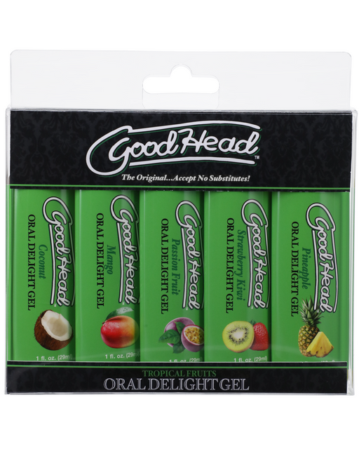 Goodhead Oral Delight Gel Tropical Fruit Flavors 5-pack for Oral Sex in packaging