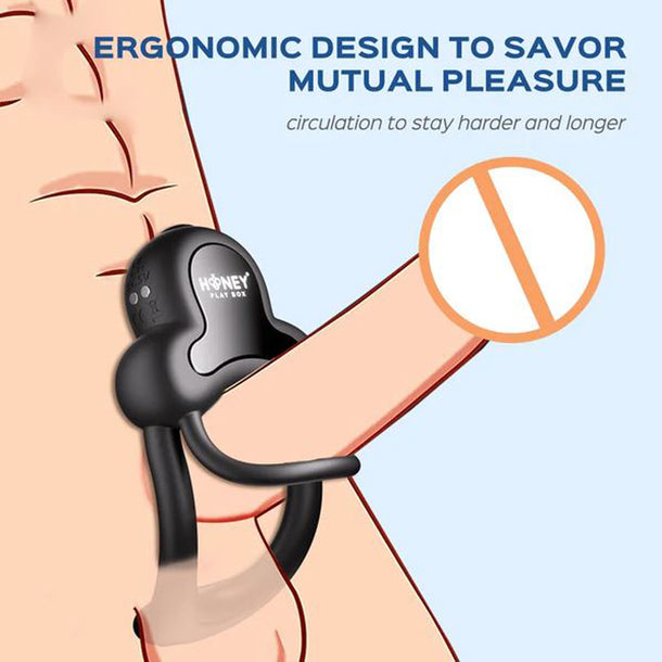 A graphic displays the Anello App-Controlled Vibrating Double Cock Ring with Clitoral Stimulator, worn at the base of an illustrated penis, highlighting mutual pleasure and enhanced endurance during intimacy.