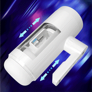 The Blanche Thrusting Auto Blowjob Masturbator by Honey Play Box is a white handheld device with a transparent section showing internal rotating blades, highlighted against a blue and purple background. Blue arrows show its thrusting stroker motion for realistic pleasure.