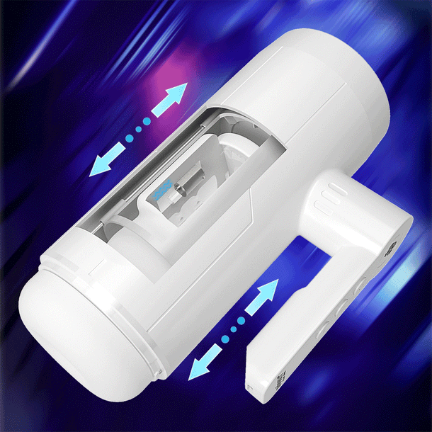 The Blanche Thrusting Auto Blowjob Masturbator by Honey Play Box is a white handheld device with a transparent section showing internal rotating blades, highlighted against a blue and purple background. Blue arrows show its thrusting stroker motion for realistic pleasure.