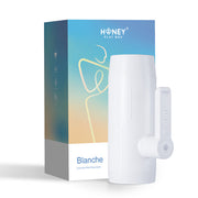 The Blanche Thrusting Auto Blowjob Masturbator by Honey Play Box, in white, is shown before a vivid gradient box with minimalist art and logo. Simple side controls offer a realistic penetrative experience.