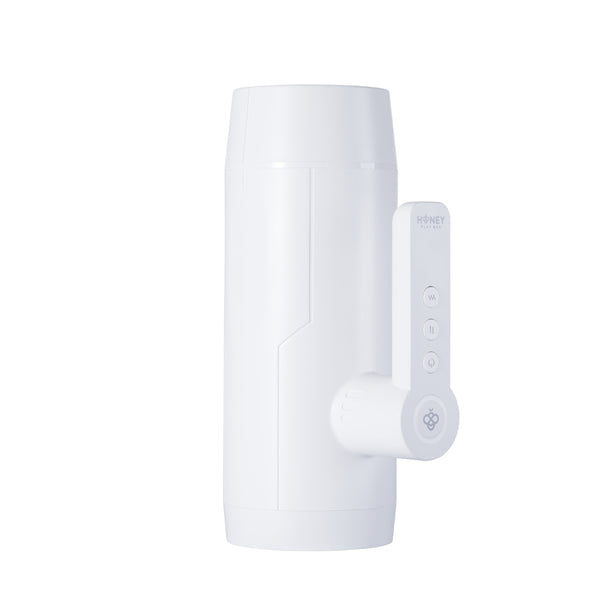 The Blanche Thrusting Auto Blowjob Masturbator by Honey Play Box is a sleek, cylindrical white device with a control panel featuring three buttons and a round dial, pictured against a plain white background.