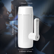 The Blanche Thrusting Auto Blowjob Masturbator by Honey Play Box is a white, cylindrical, automatic masturbator with buttons and measurement labels; it measures 6.70" tall, 3.42" wide, and 1.30" deep. A blurred couple faces each other in the background.